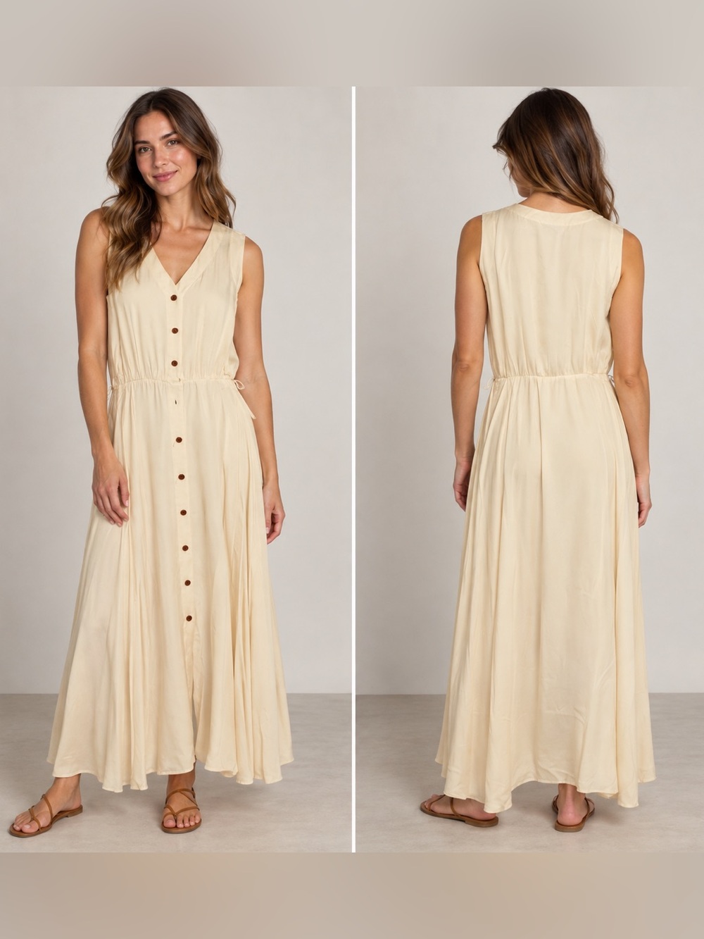 Vintage Horchow Ivory Button Front Maxi Dress Sleeveless
